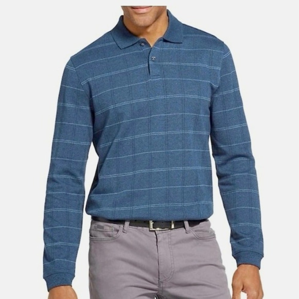 Van Heusen‎ Men's Classic Fit Long Sleeve Jaspe Windowpanel Polo Shirt Size L